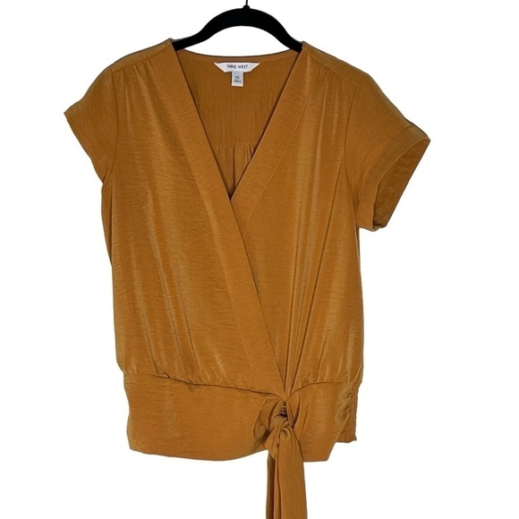 NWOT NINE WEST Women's Tie Waist Wrap Top Blouse Mustard Yellow Size XS - Picture 12 of 16
